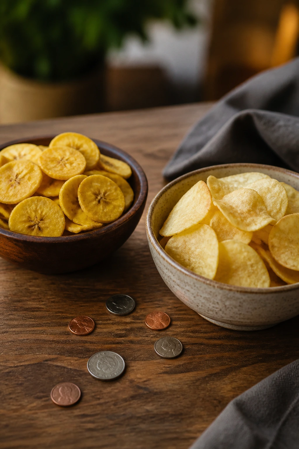 Plantain Chips Vs Potato Chips: Which is Better? 5 Two bowls of chips with coins to imply price difference.