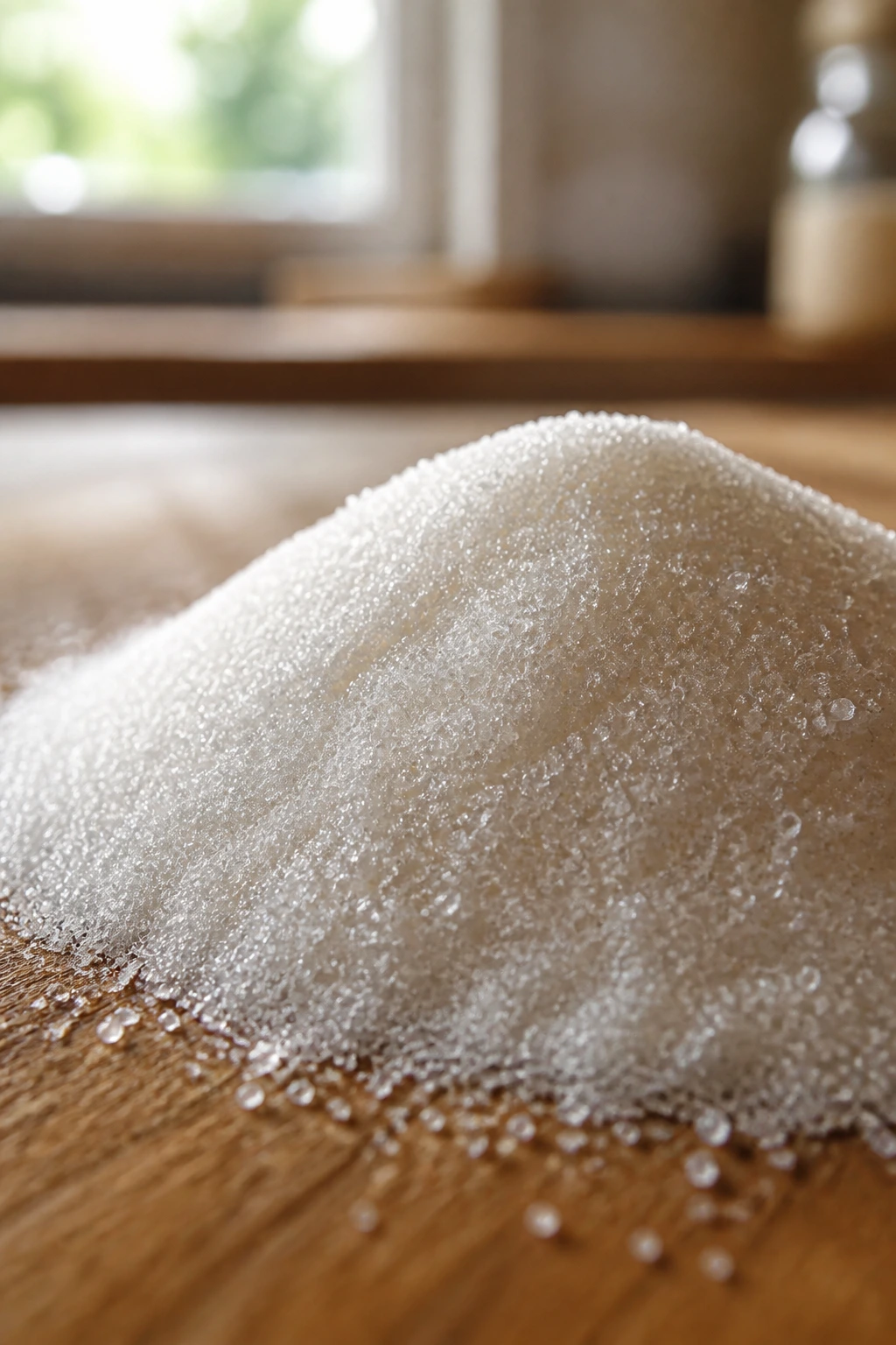 Is Processed Sugar The Same As Sugar From Fruit? 1 Close-up of white processed sugar crystals on a wooden kitchen counter