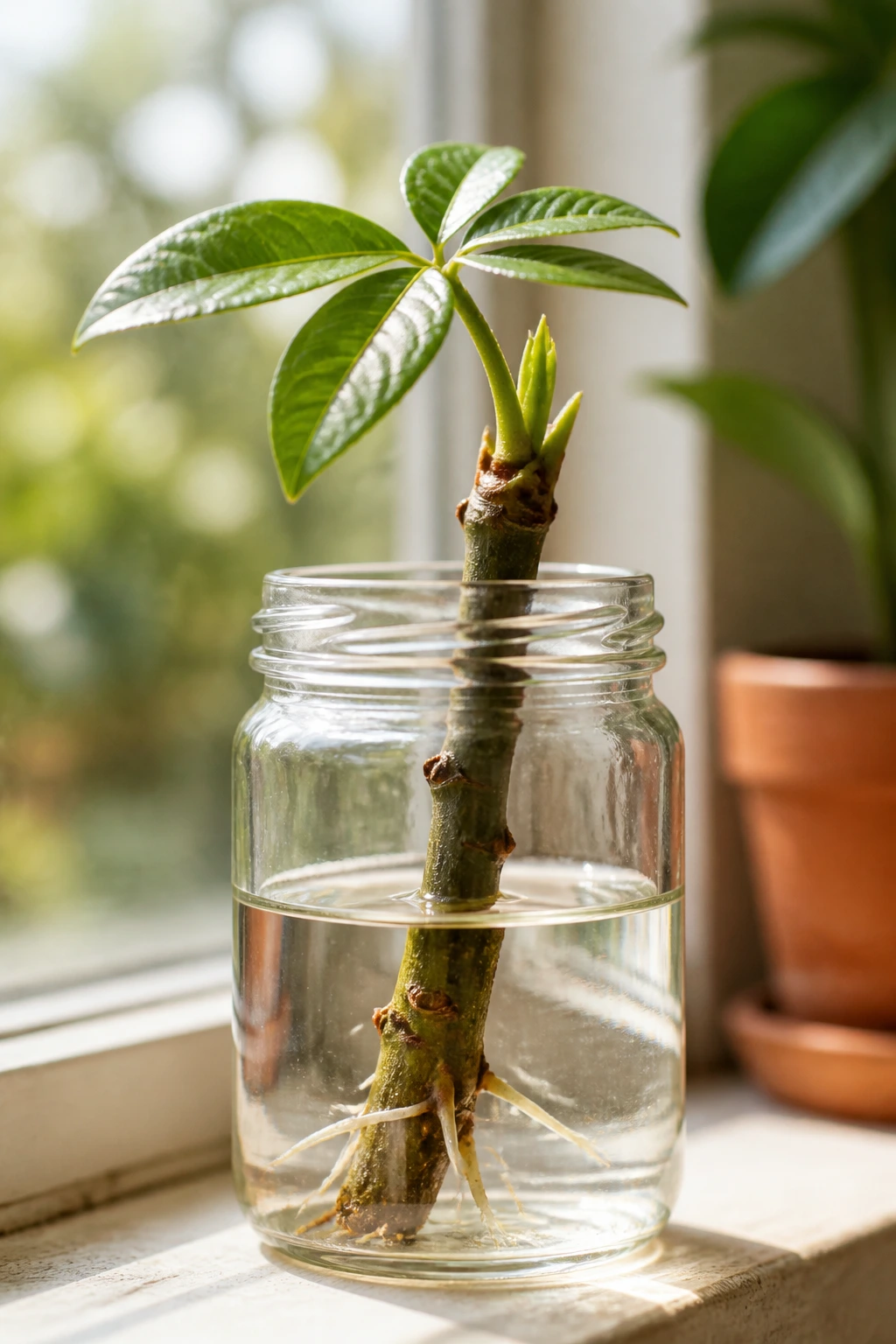 Guiana Chestnut (Pachira Aquatica): All You Need To Know 2 Close-up of a plant cutting with roots starting to form in water