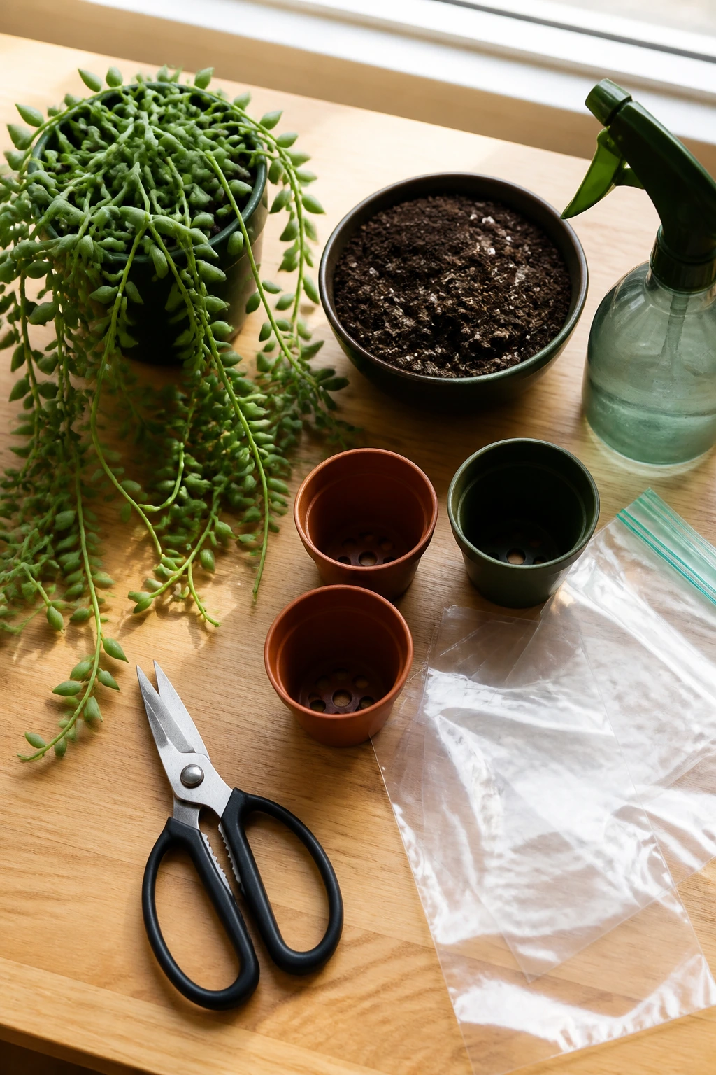 Top-down view of propagation supplies including plant, scissors, soil, pots, spray bottle, bags on wooden table near window