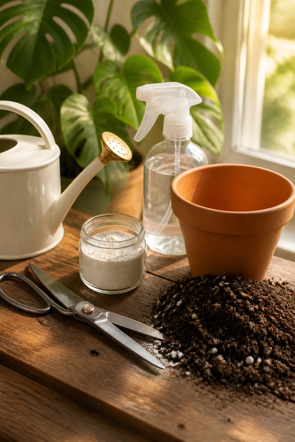 How To Propagate Swiss Cheese Plant:Â Step-By-Step Guide 1 Close-up of propagation supplies: scissors, rooting powder, plain pot, soil, spray bottle on a wooden surface by a sunny window