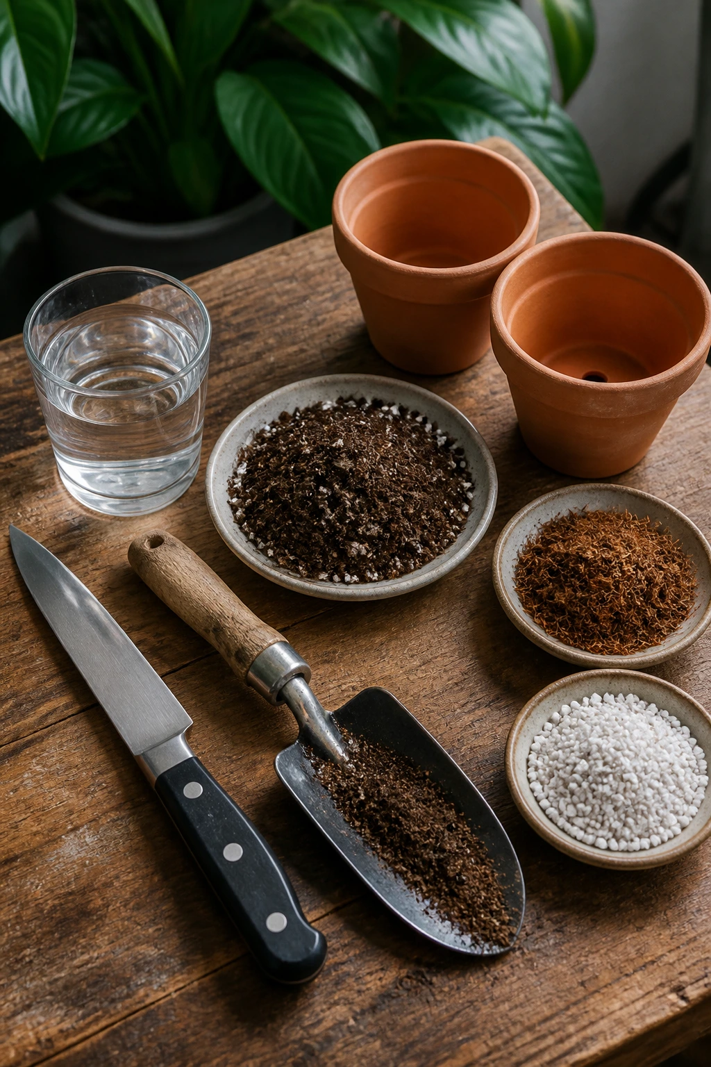 Close-up of propagation tools and soil mix on a wooden table, showing knife, trowel, pots, and soil components