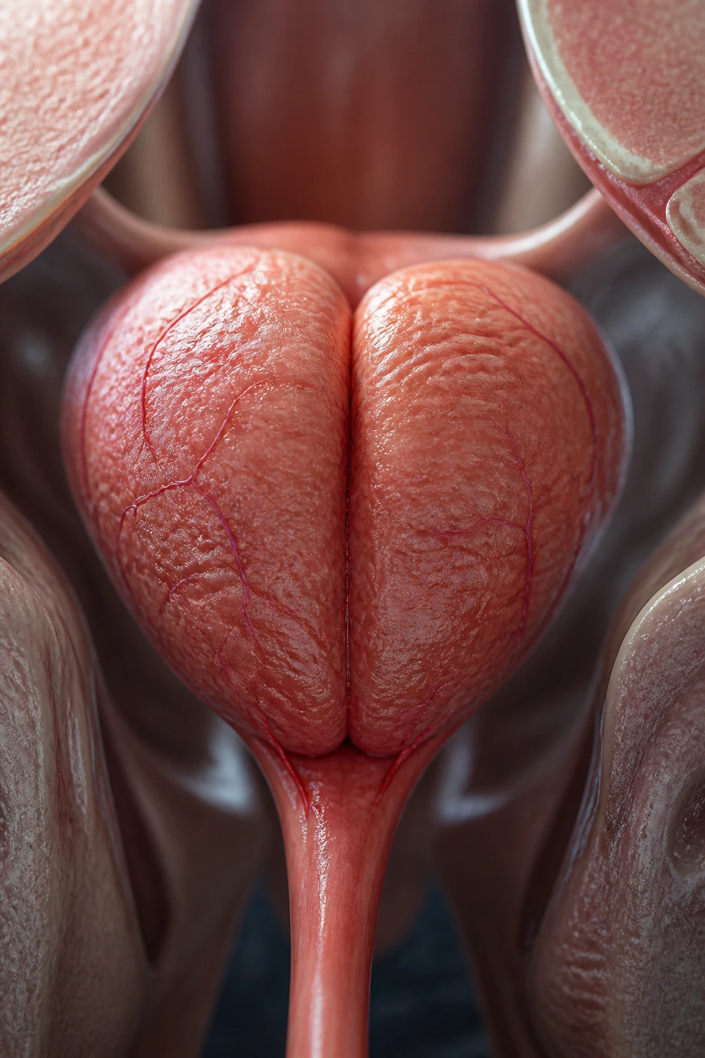 Close-up 3D render of a healthy prostate occupying most of the frame in a clinical setting.