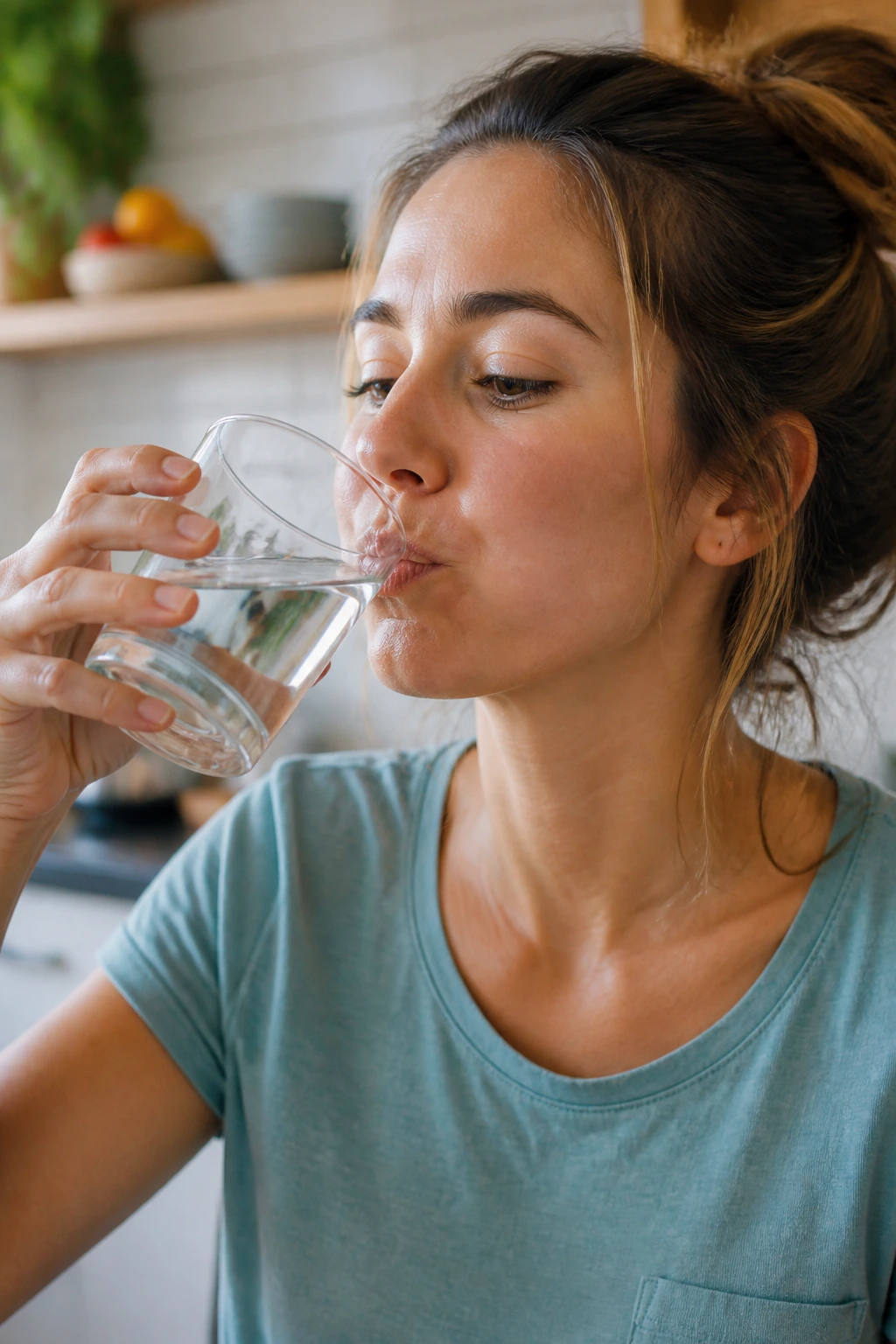 Person rinsing mouth with water after fruit, illustrating protective tip.