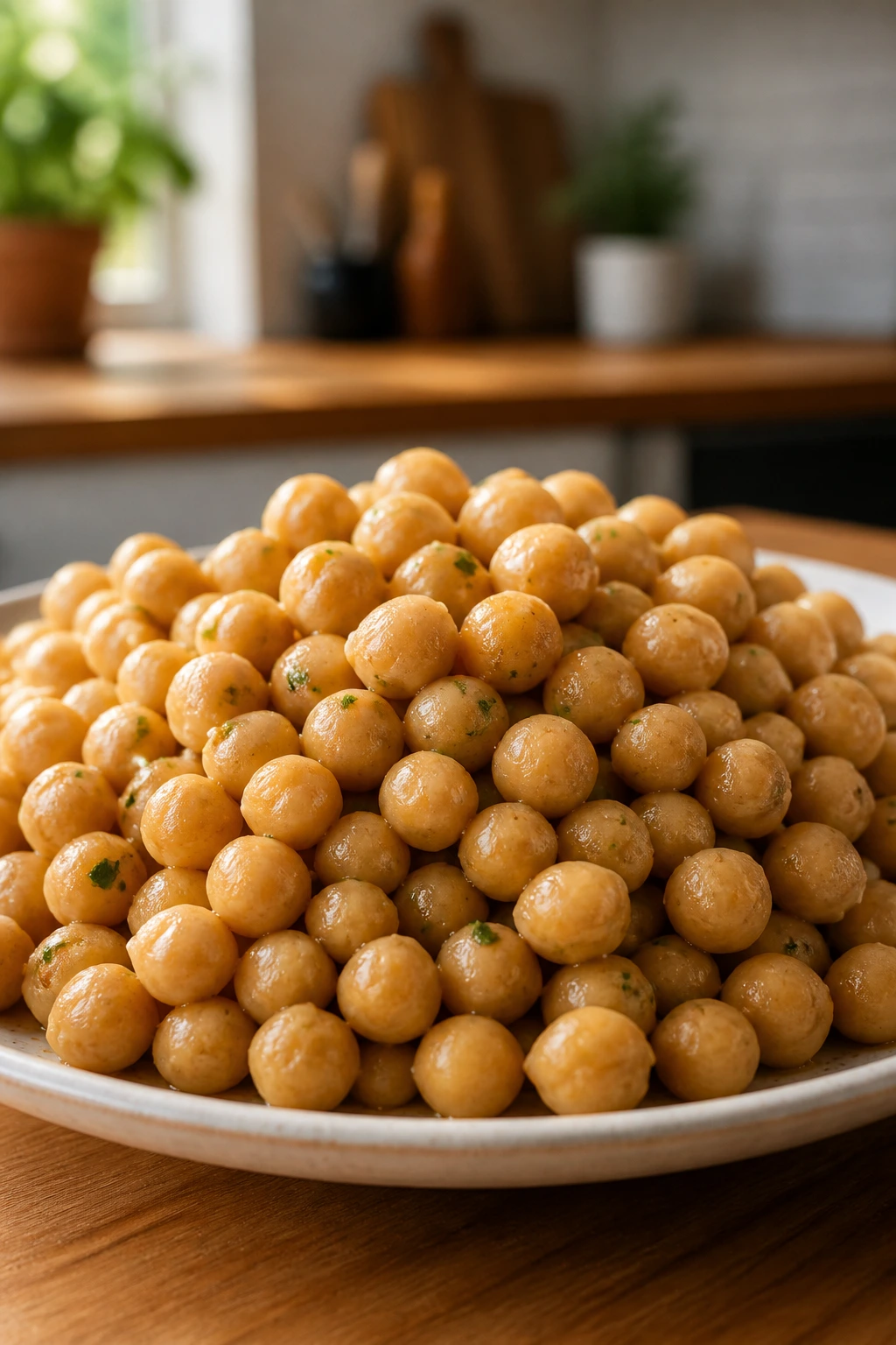 Close-up of protein-rich chickpeas filling a plate in a warm kitchen.