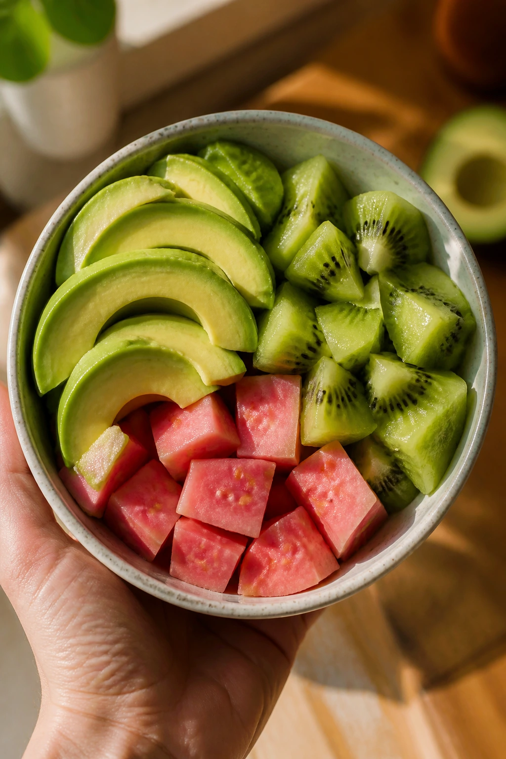 Hand holding bowl of protein-rich mixed fruits in sunlit kitchen
