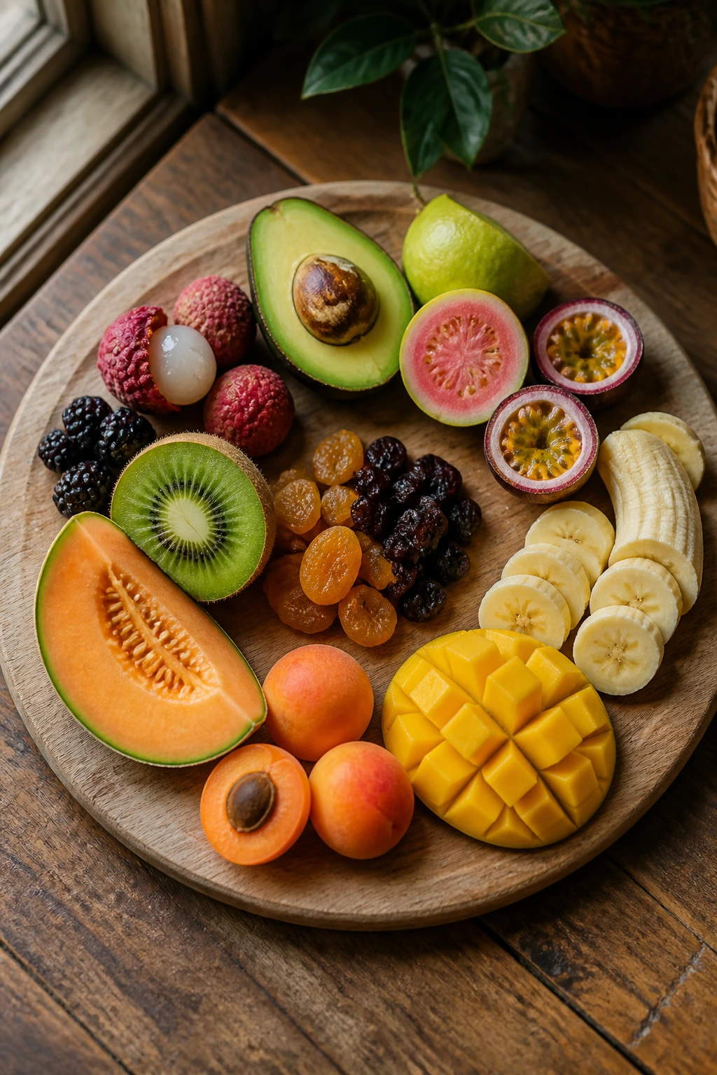 Overhead view of twelve different fruits arranged on a wooden board