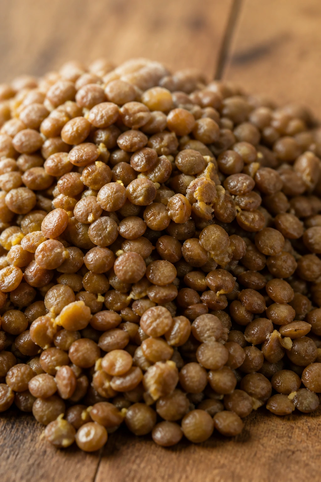 Close-up of protein-rich lentils filling a rustic wooden surface, highlighting plant-based protein.