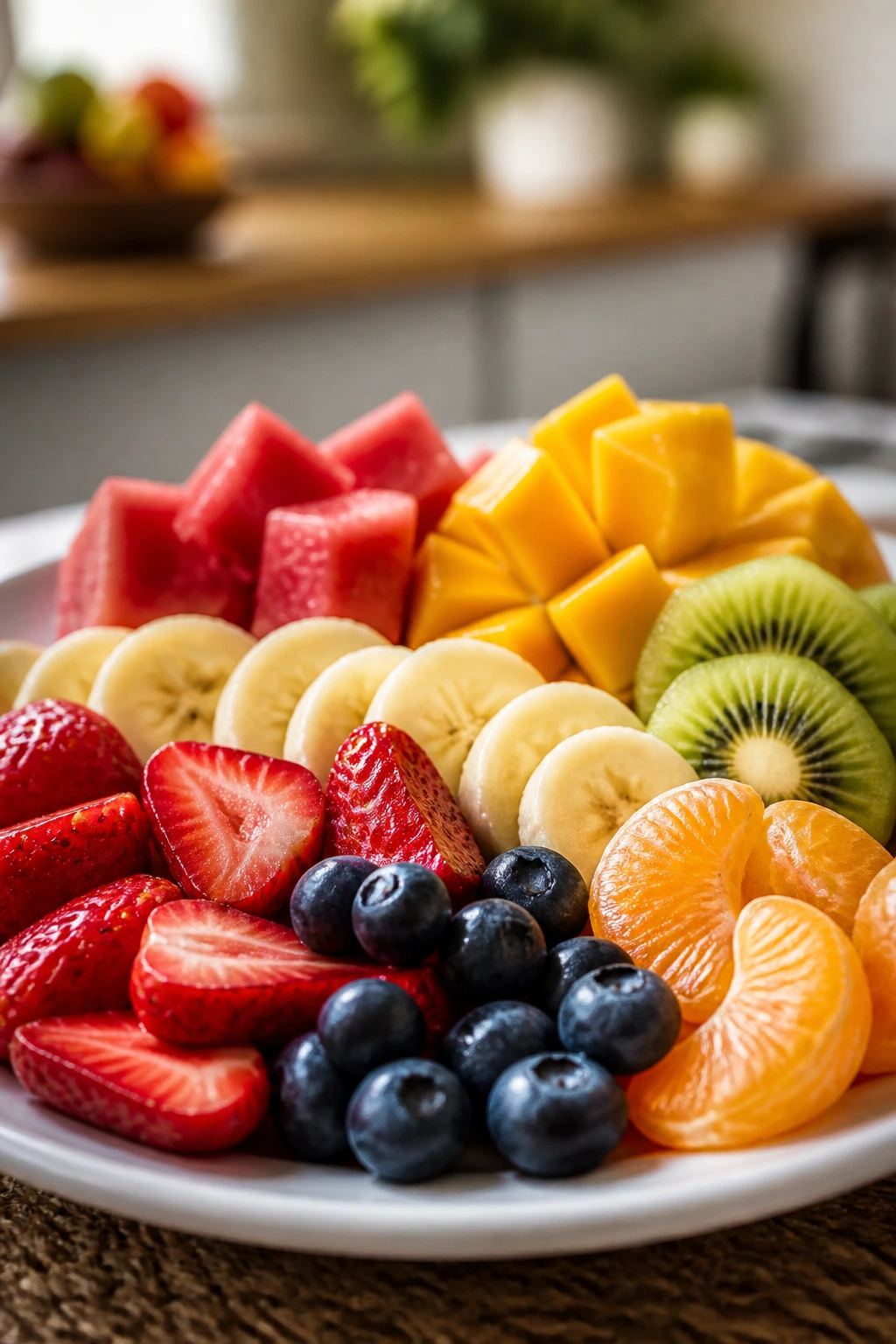 20 Pros And Cons Of Eating Fruit For Breakfast 2 Close-up of assorted fruit slices on a plate with a warm kitchen backdrop