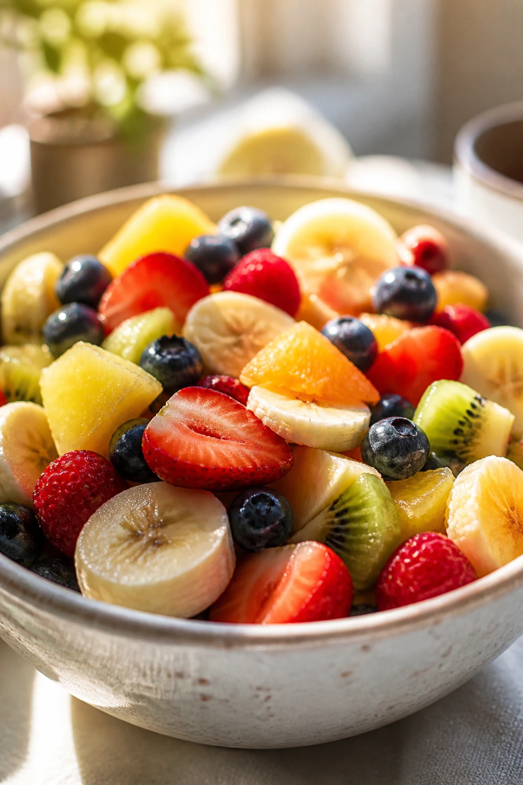 20 Pros And Cons Of Eating Fruit For Breakfast 3 Close-up of a bright bowl of fresh fruit in a breakfast setting