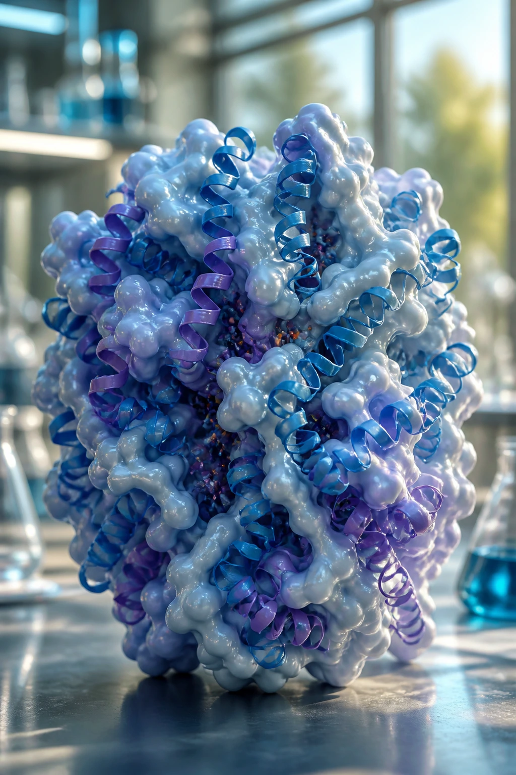 Macro close-up of a protein molecule model in a lab