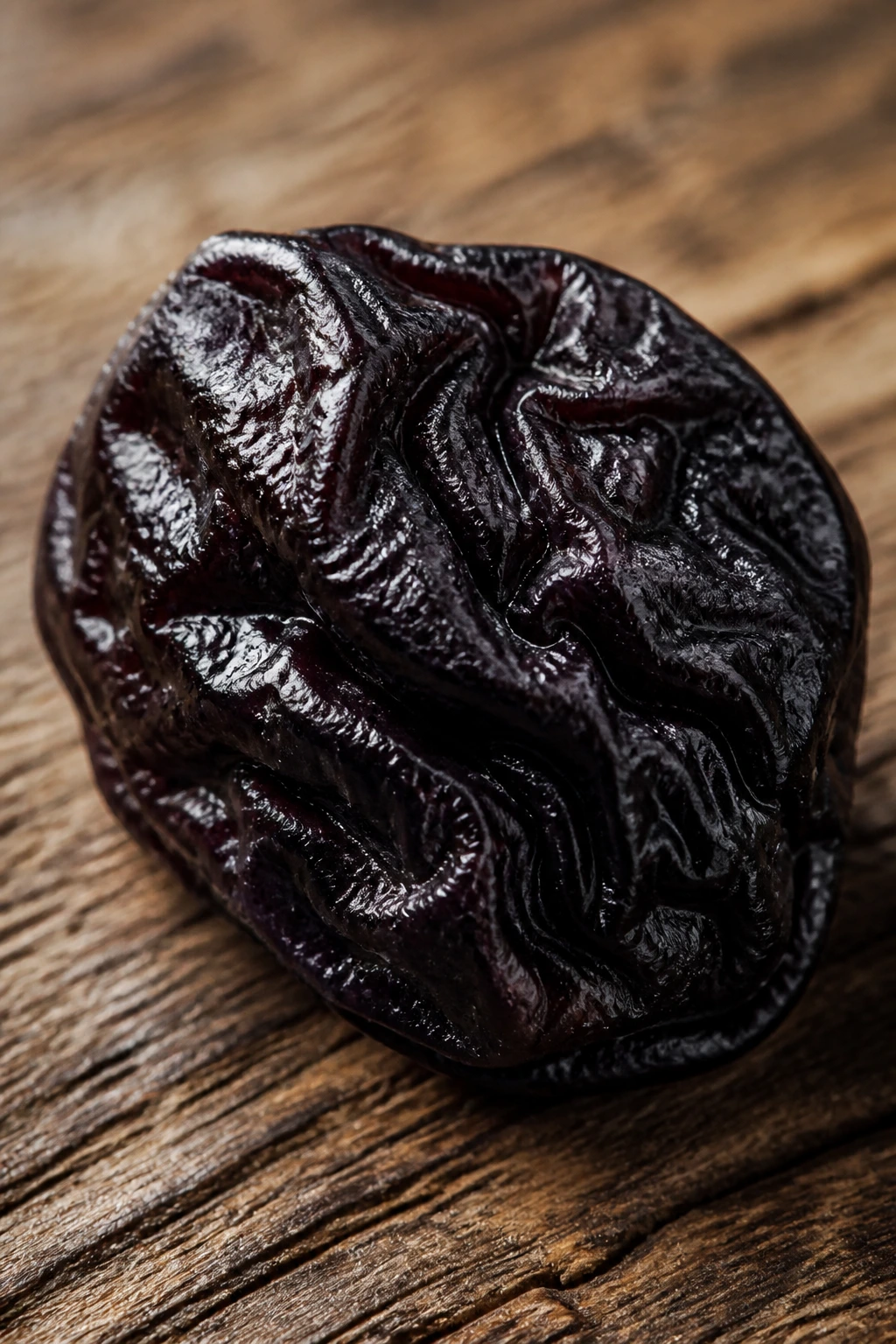 Are Prunes Acidic Or Alkaline? All You Need To Know 1 Close-up of a single prune on a wooden surface showing wrinkled dark purple skin