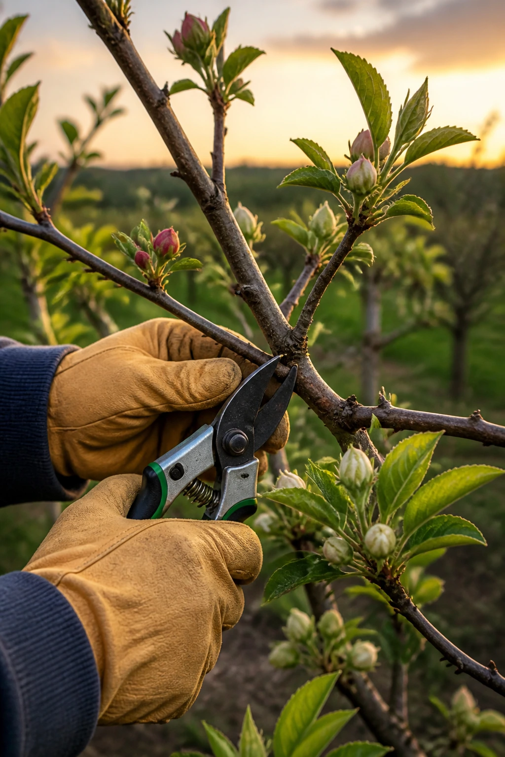 When Is A Good Time To Prune Fruit Trees? 8 Gloved hands pruning a fruit tree branch showing variety in buds