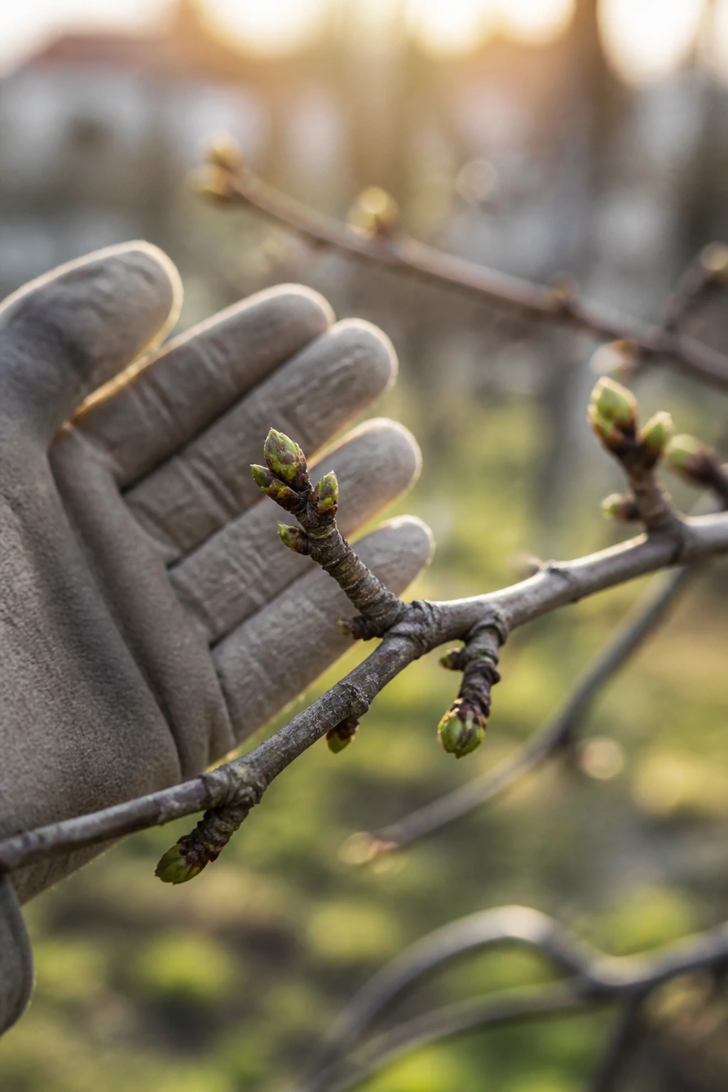 How To Protect Fruit Trees From Frost And Freeze Damage 7 Close-up of a budding tree branch with a restrained pruning gesture in a garden