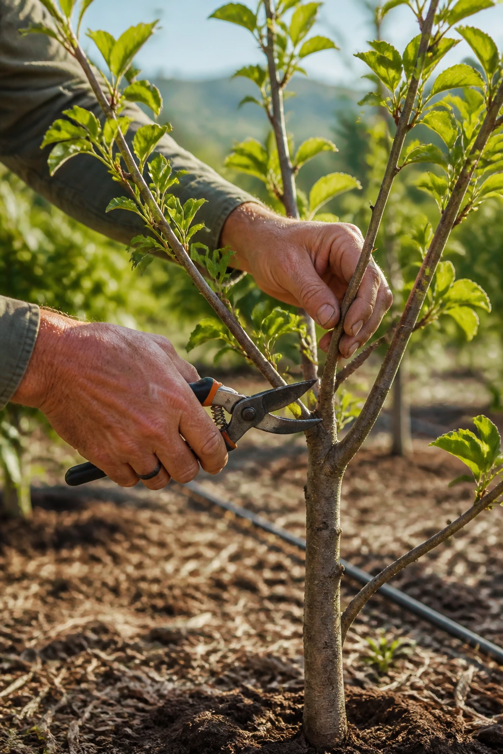 Close-up of a gardener pruning a young fruit tree in a sunny Zone 9 garden