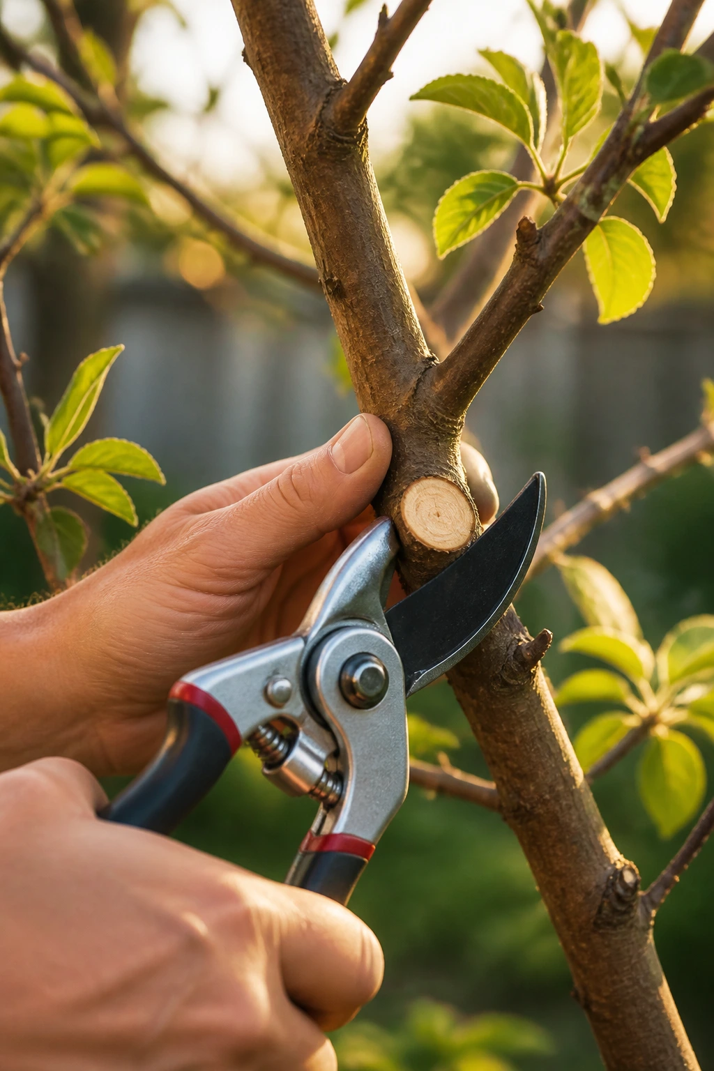 When Is A Good Time To Prune Fruit Trees? 7 Close-up pruning cut on a fruit tree branch in a sunlit garden