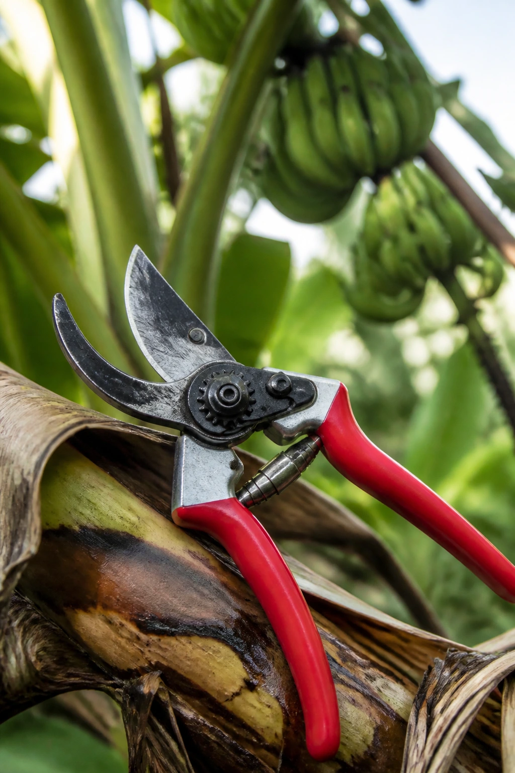 How to Trim a Banana Tree Like a Pro: A Complete Guide 2 Close-up of pruning shears ready for trimming a banana tree
