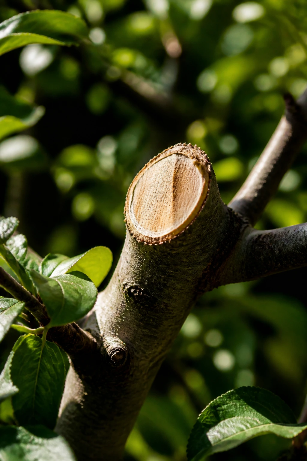 How To Prune A Fruit Tree To Keep It Small And Healthy 4 Close-up of a pruning cut on a branch in a garden.