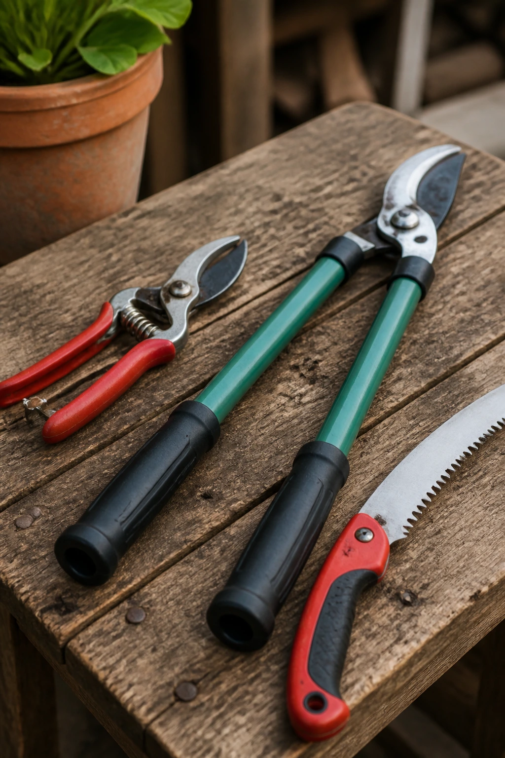 How To Prune A Fruit Tree To Keep It Small And Healthy 3 Close-up of pruning tools on a wooden workbench.