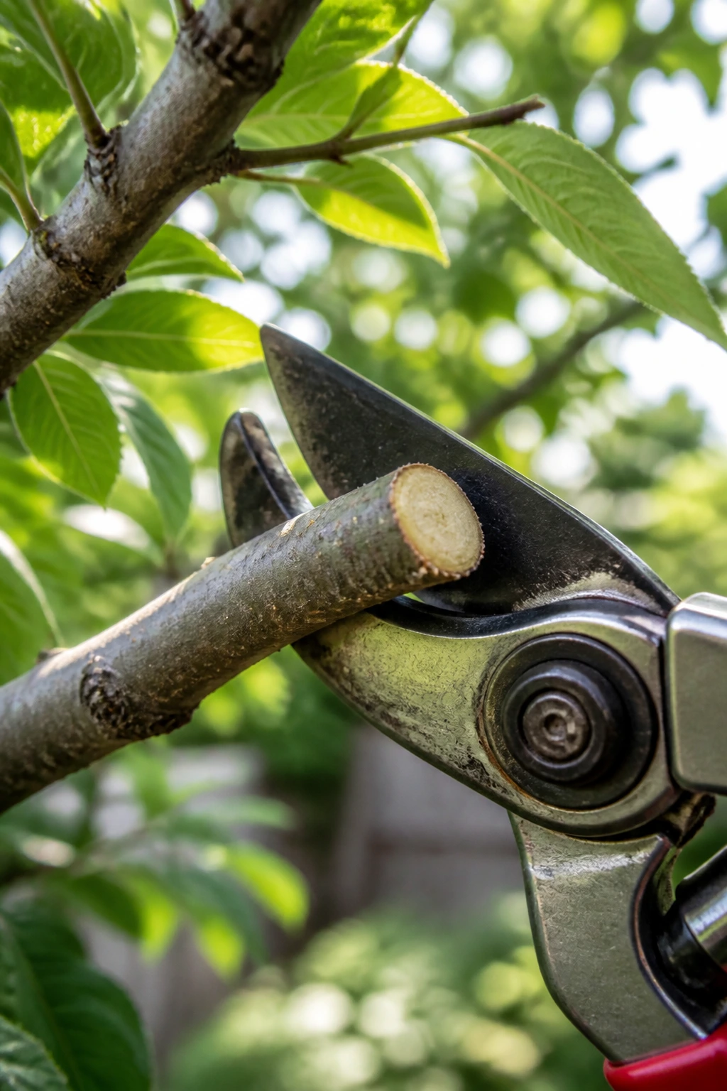 How To Prune A Fruit Tree To Keep It Small And Healthy 1 Close-up pruning cut on a healthy fruit tree branch in a sunlit garden.