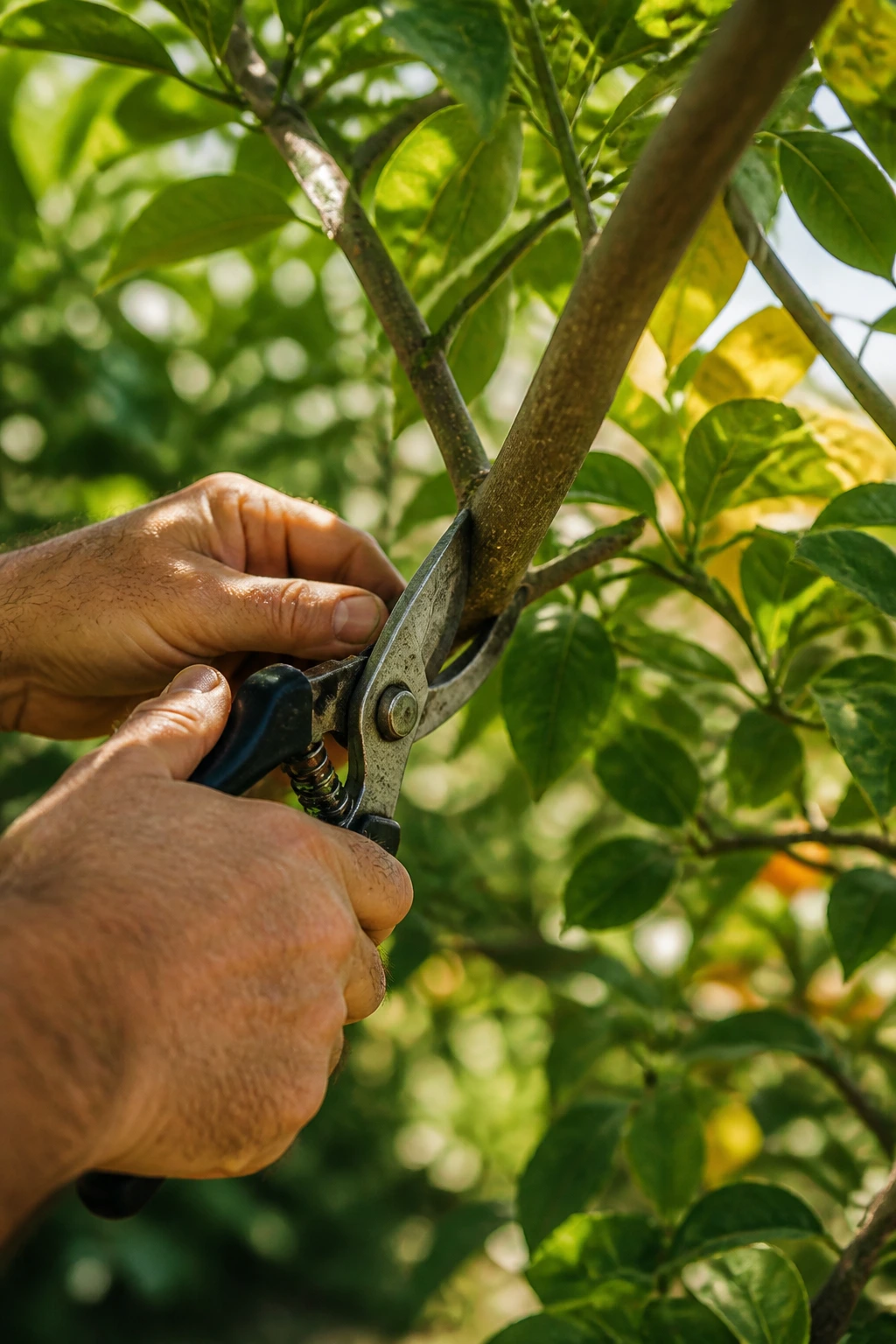 Hands pruning a tree branch in a sunlit garden