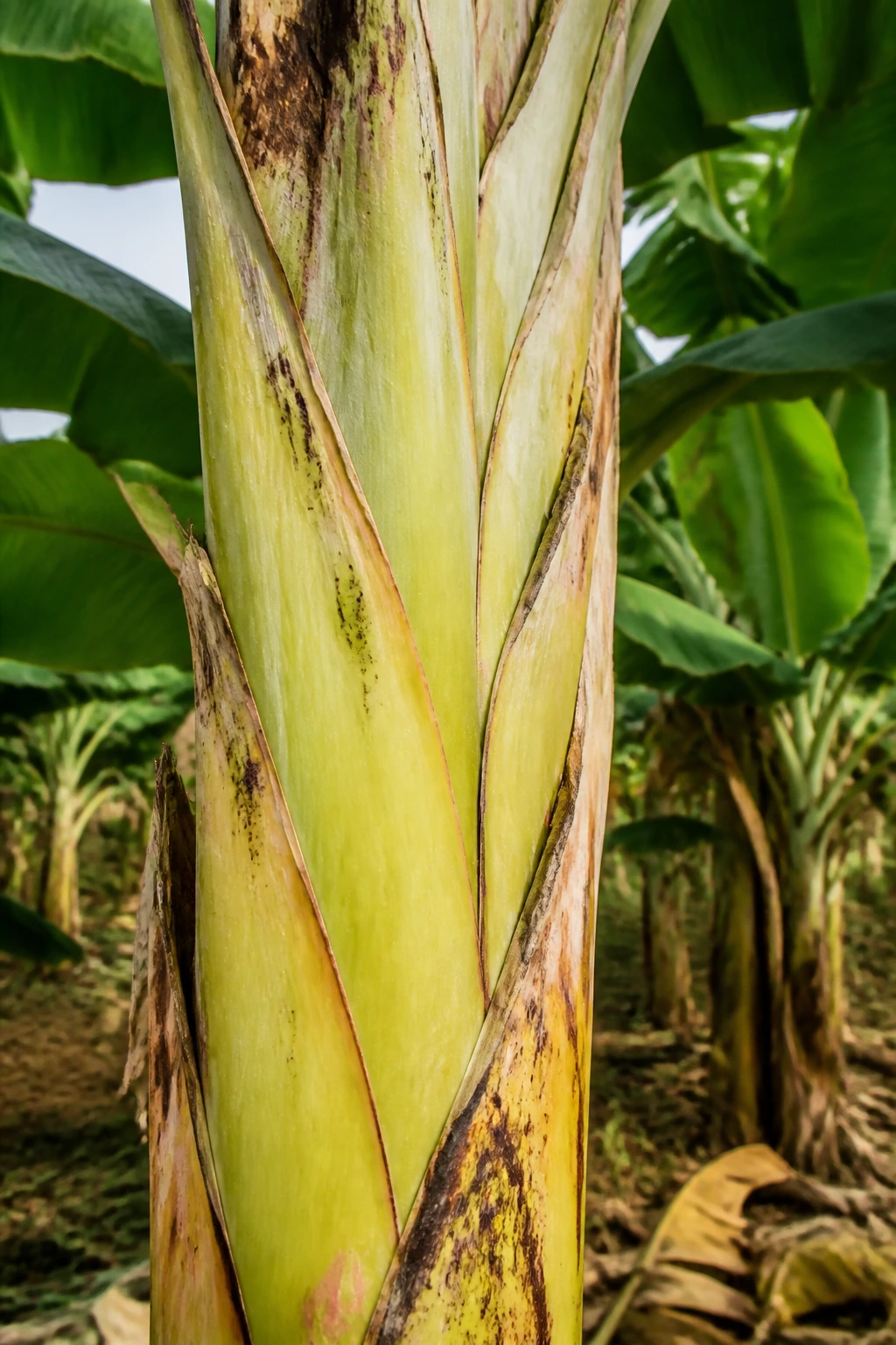 Botanical Insights: The Parts Of A Banana Plant 1 Close-up of a banana plant pseudostem with overlapping leaf bases