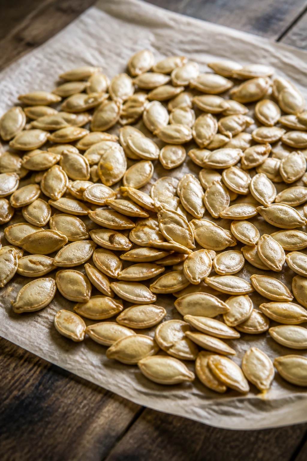 How to Dry Out Pumpkin Seeds for Planting? 1 Close-up of pumpkin seeds drying on parchment in a rustic kitchen
