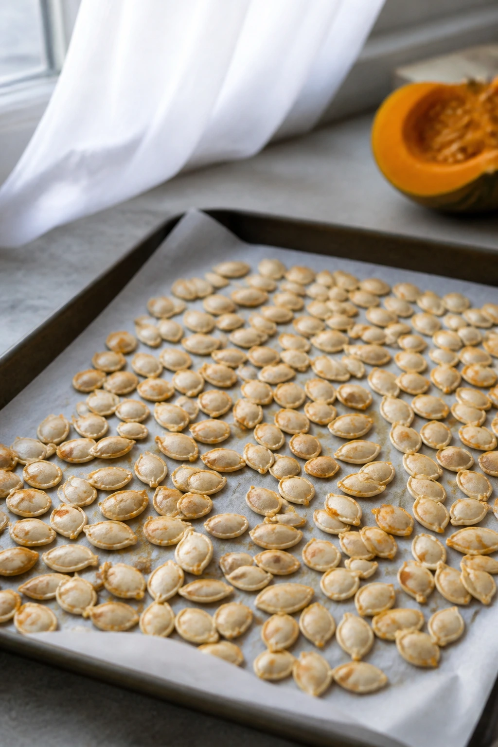 How to Dry Out Pumpkin Seeds for Planting? 4 Pumpkin seeds spread to dry on parchment in ventilated kitchen
