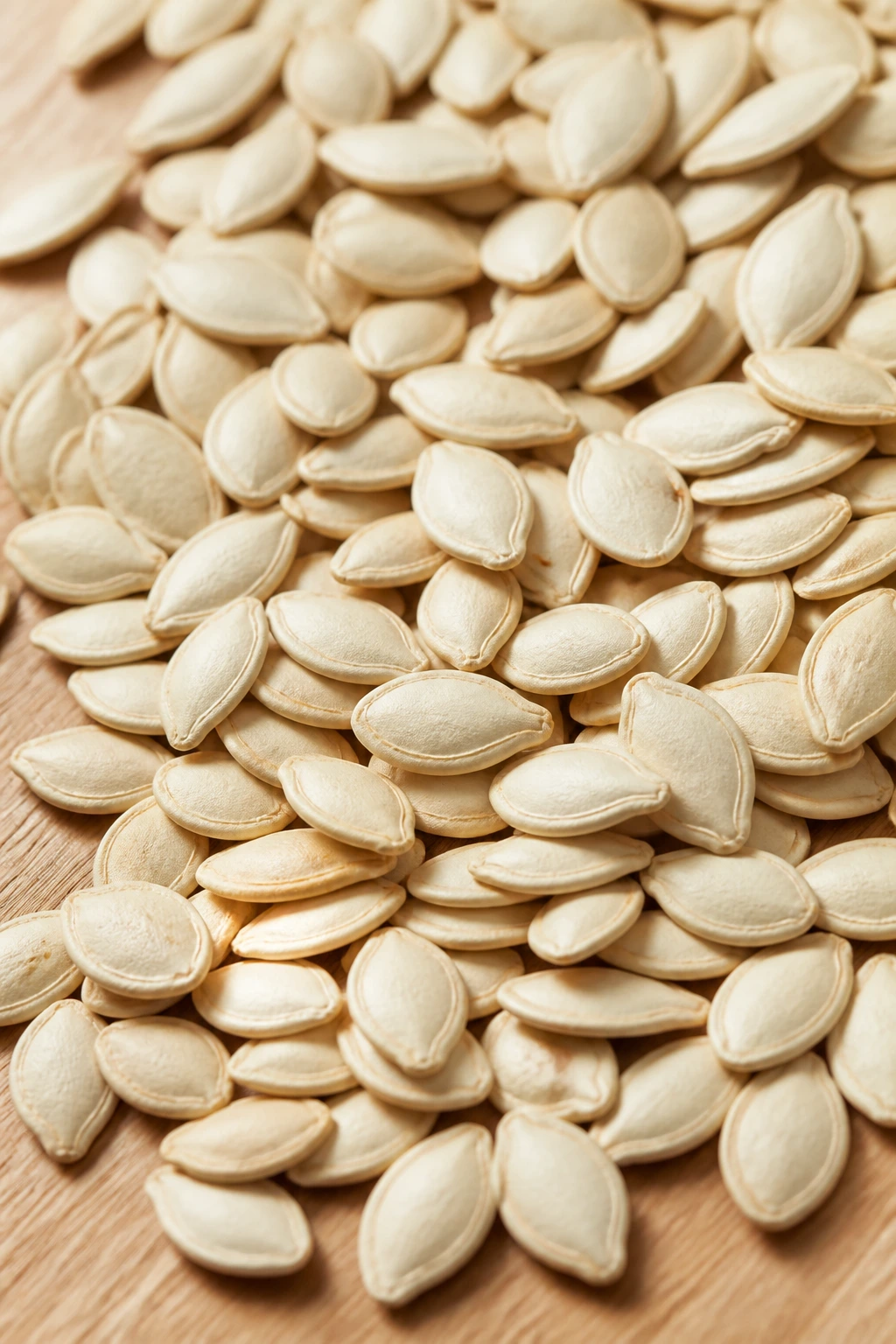 Close-up of clean, dry pumpkin seeds spread on light wood surface