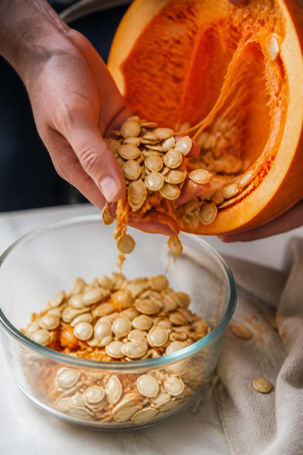 How to Dry Out Pumpkin Seeds for Planting? 2 Hands gathering pumpkin seeds from a pumpkin into a bowl