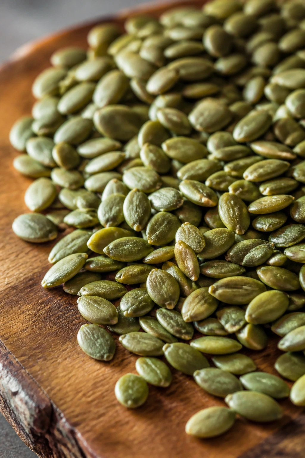 Close-up of fresh green pumpkin seeds on a wooden cutting board