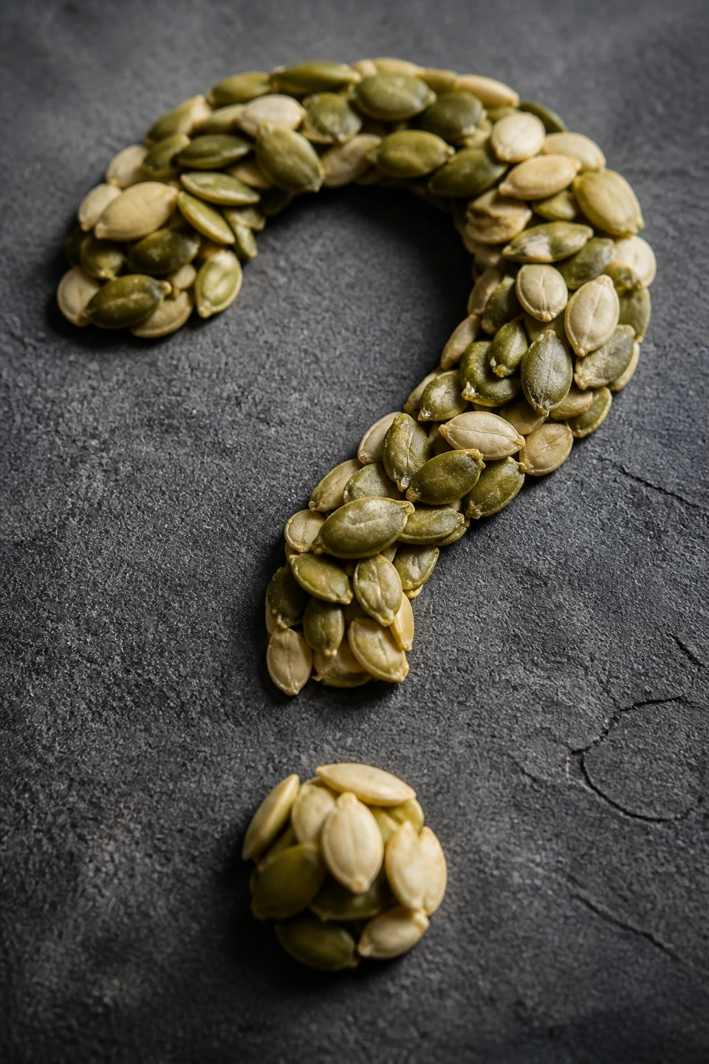 Pumpkin seeds arranged in a question-mark shape
