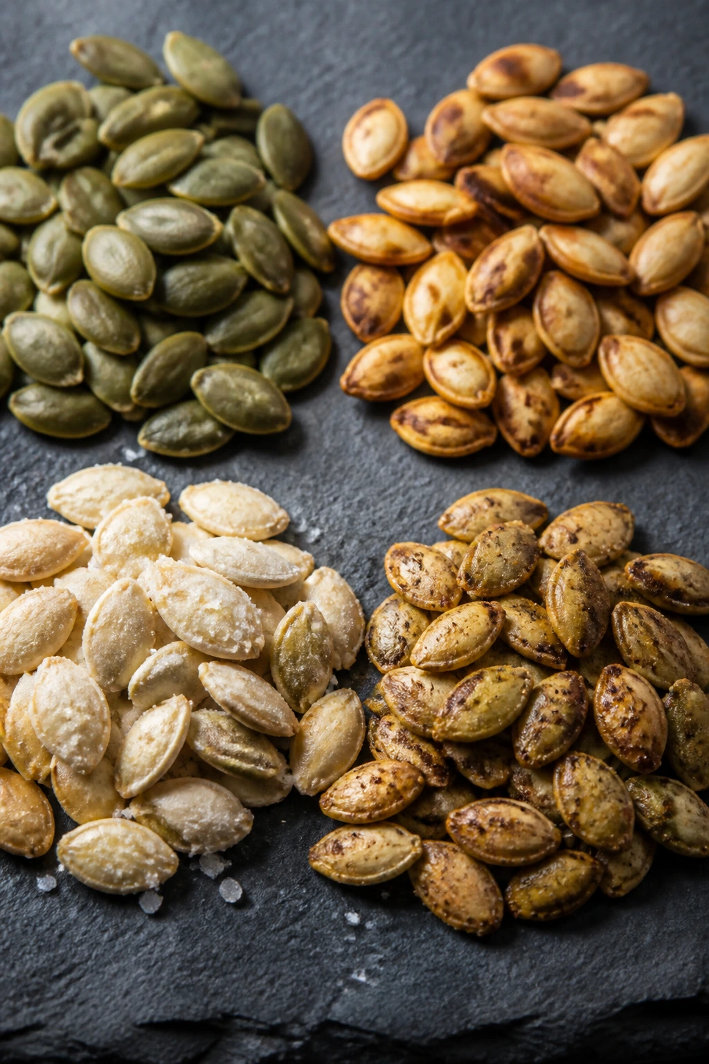 Pumpkin seeds showing raw, roasted, salted, and flavored varieties arranged on slate