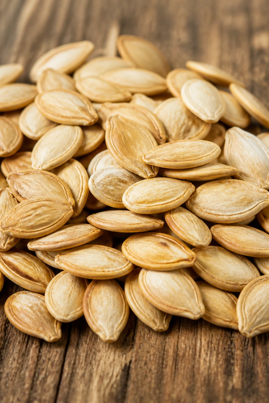 Close-up of pumpkin seeds spread on rustic wood in natural light