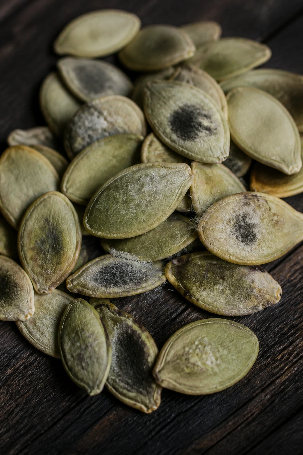 Pumpkin seeds showing spoilage with discoloration and mold
