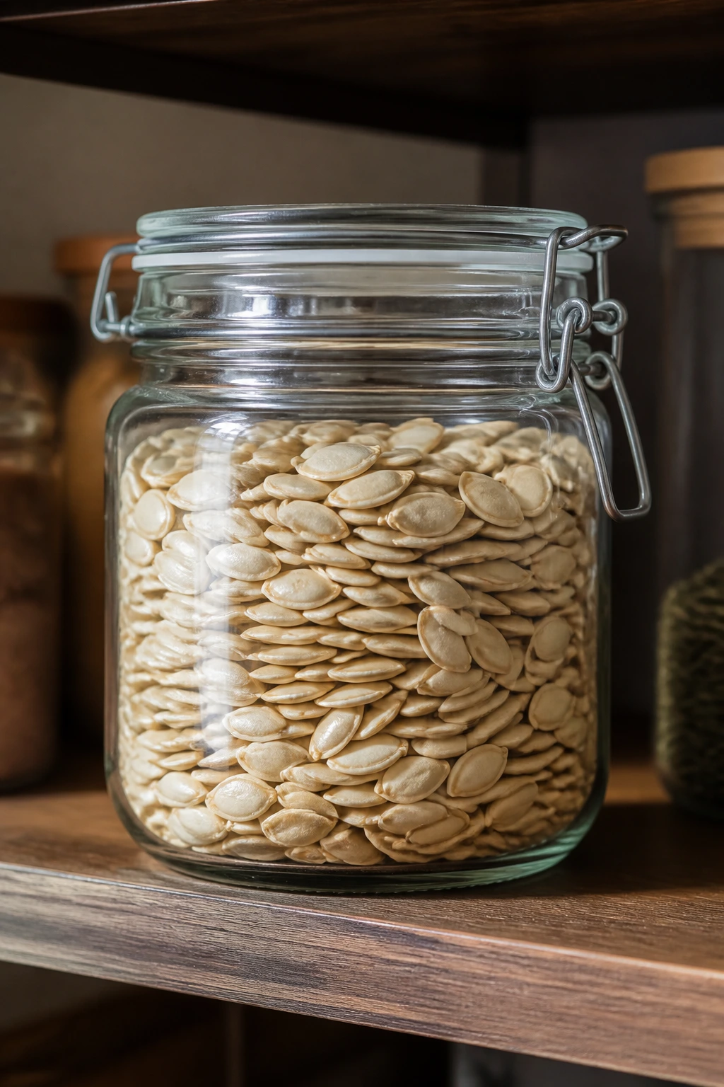 How to Dry Out Pumpkin Seeds for Planting? 5 Glass jar filled with dried pumpkin seeds on a pantry shelf