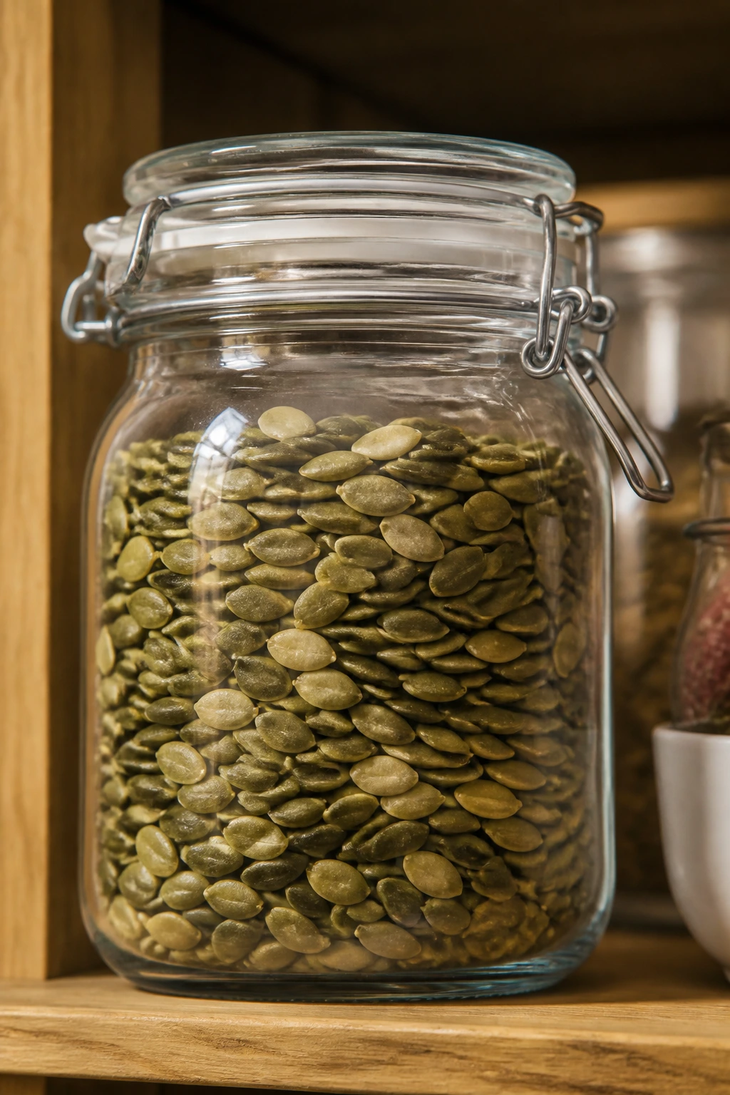 Pumpkin seeds stored in a sealed glass jar on a pantry shelf