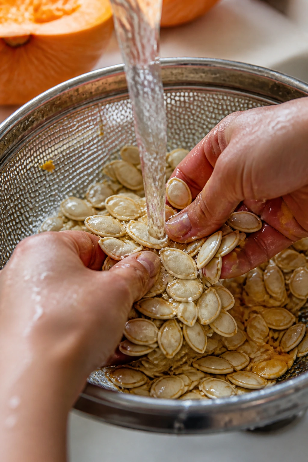 How to Dry Out Pumpkin Seeds for Planting? 3 Pumpkin seeds being washed in a colander under running water