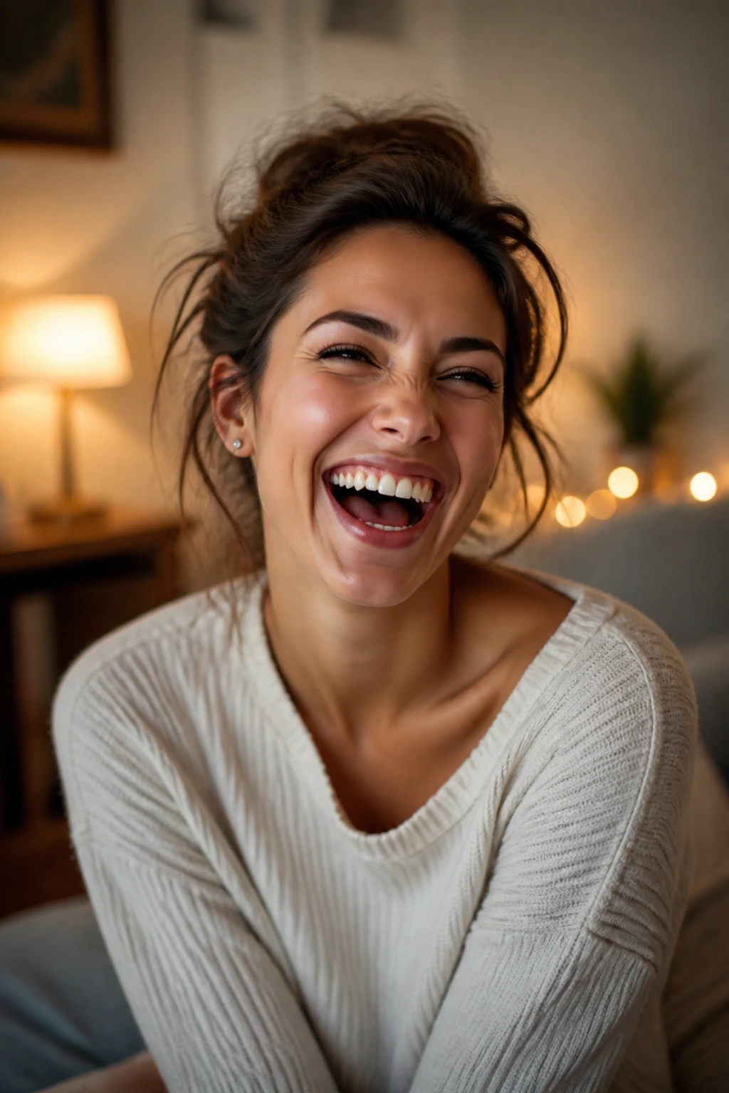 Close-up portrait of a real person smiling, embodying the charm of a good pun
