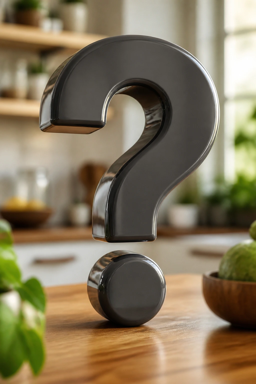 Plantain Chips Vs Potato Chips: Which is Better? 13 Close-up of a glossy question-mark sculpture on a kitchen counter symbolizing FAQs about plantain chips versus potato chips