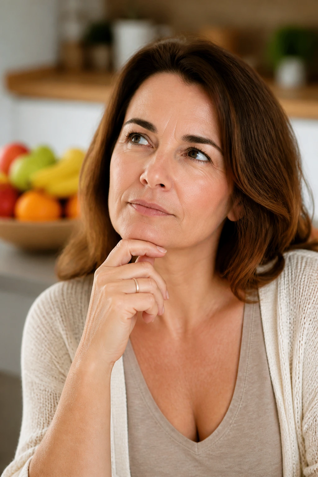 Close-up portrait of a thoughtful woman in a kitchen with fruits in the background