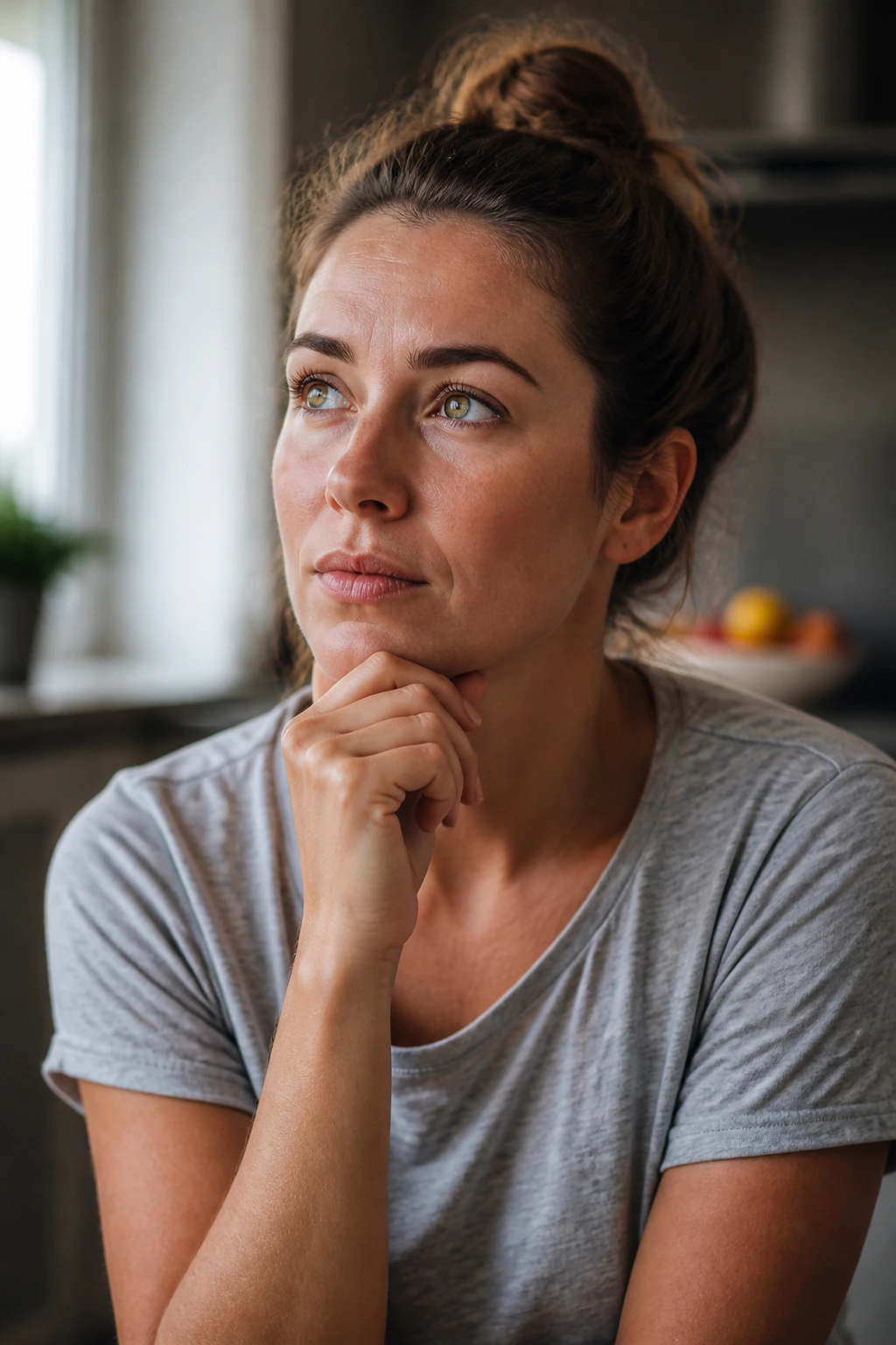 Questioning portrait of a person in a home setting