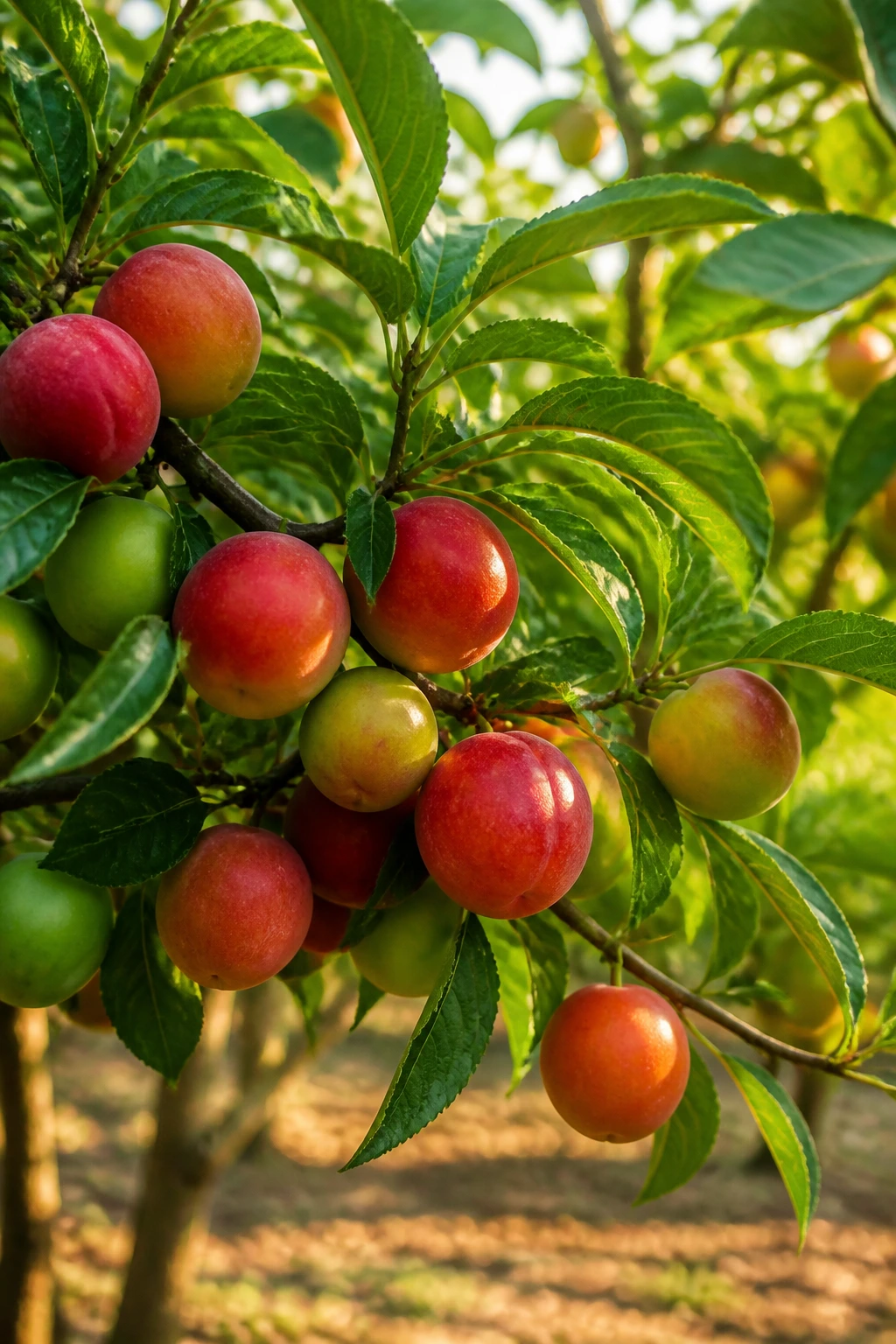 Rapid Yield: 12 Fruit Trees That Bear Fruit in the First Year 1 Close-up of a thriving fruit tree branch with ripe and green fruits in a sunlit garden