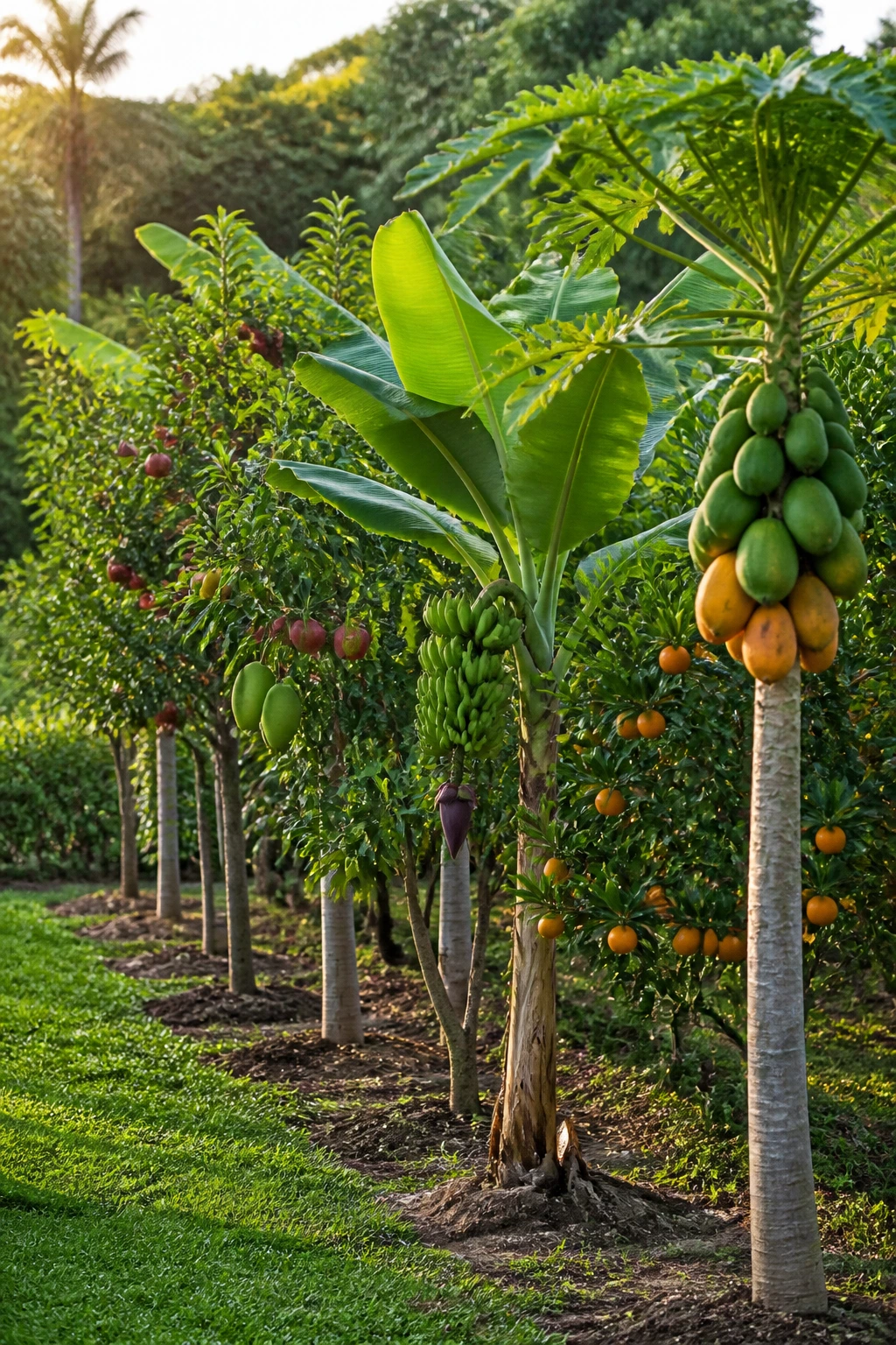 Row of fruit trees in a sunny garden showcasing quick-fruit varieties