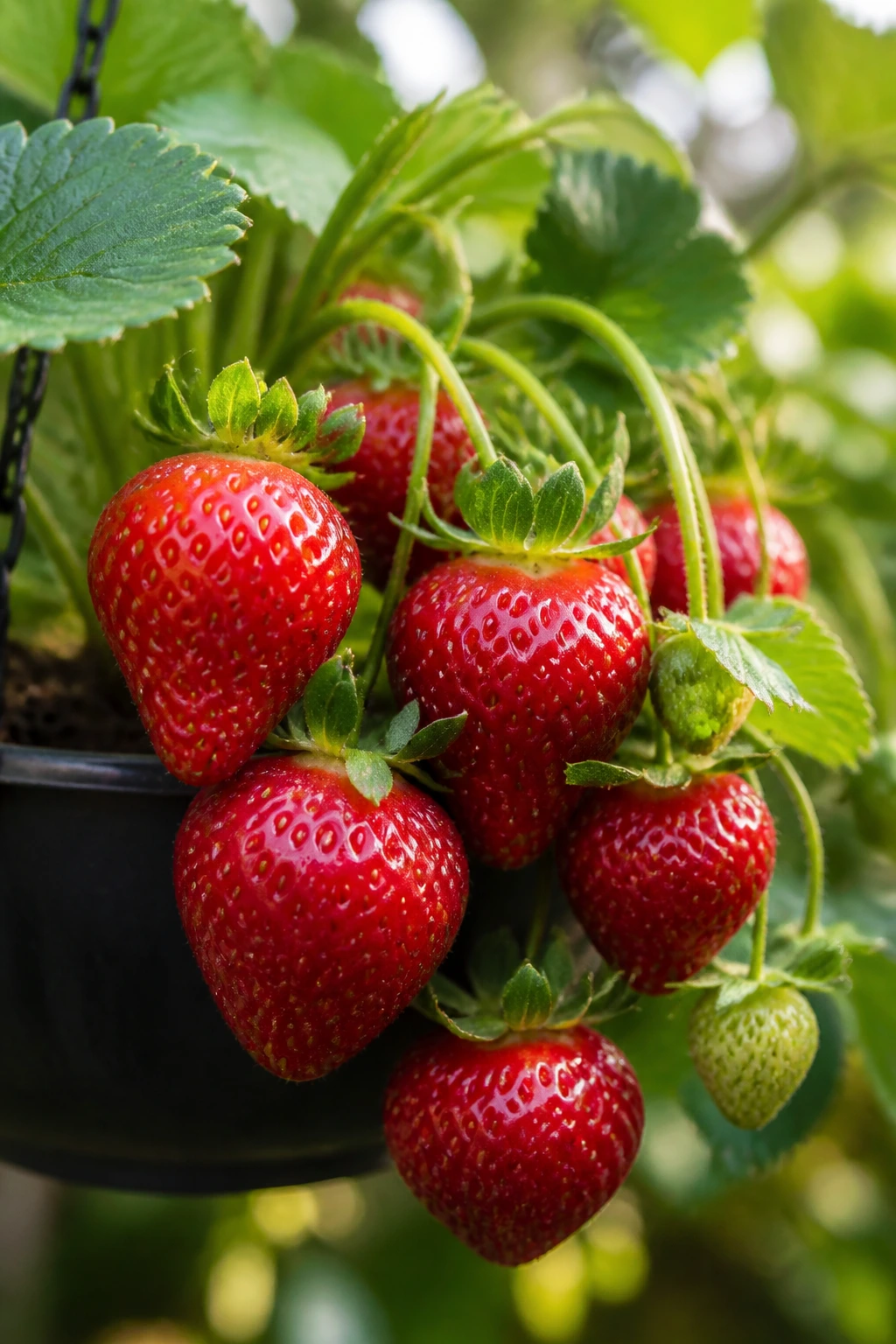 20 Popular Varieties Of Strawberries - And Which To Choose 11 Close-up of Quinault strawberries on a plant in a hanging planter.