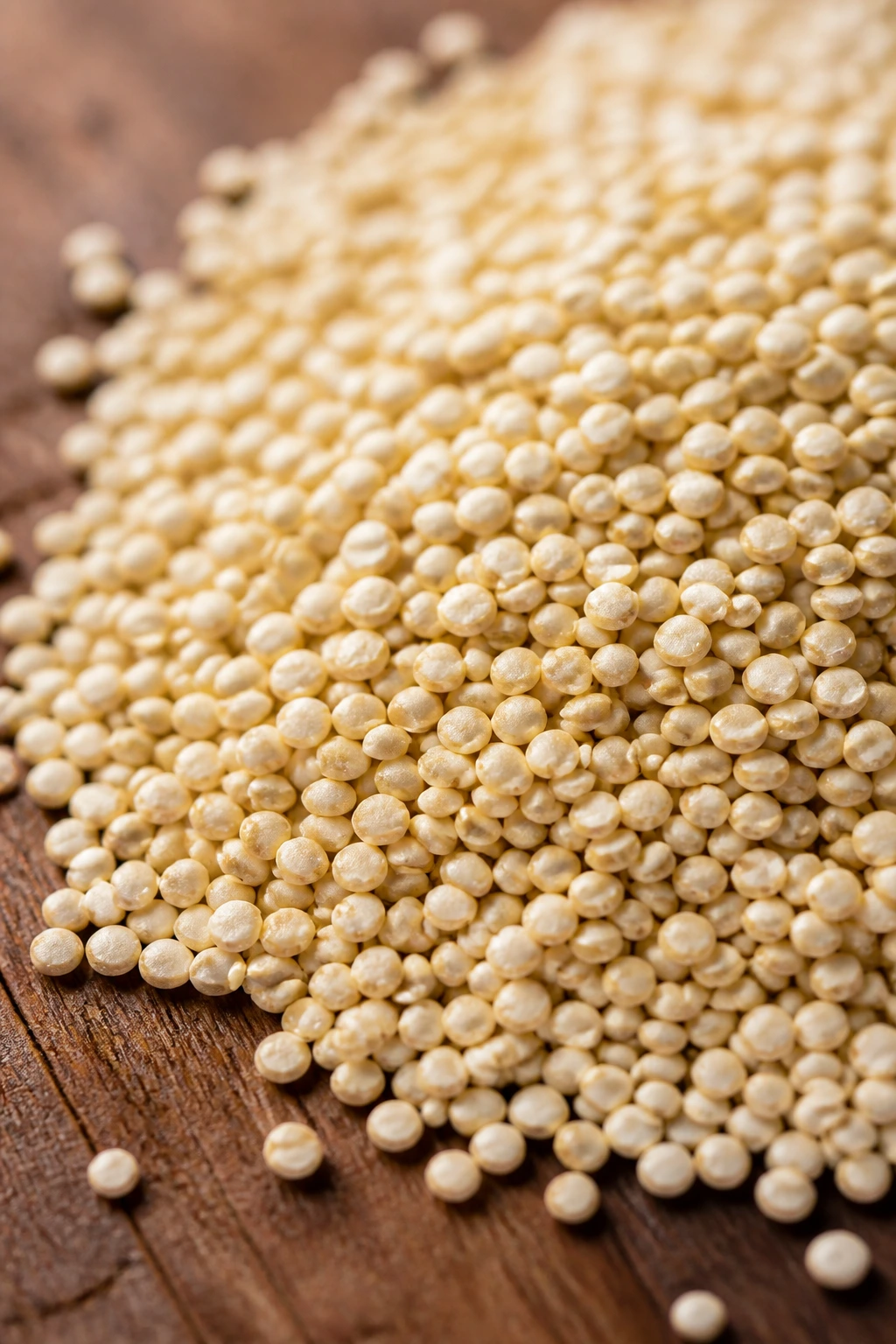 Macro shot of raw quinoa grains on wooden surface