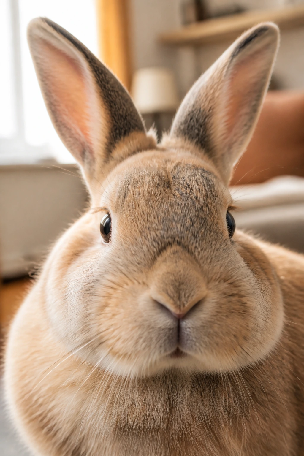 Close-up portrait of a real rabbit's head in a cozy home setting
