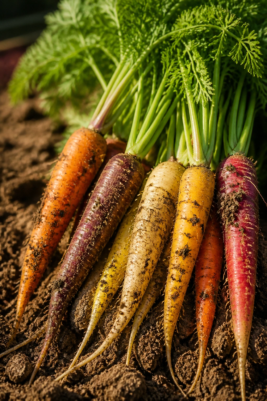 How To Grow Rainbow Carrots: Step-By-Step Guide 1 Close-up rainbow carrot roots pulled from well-drained soil in a sunny garden