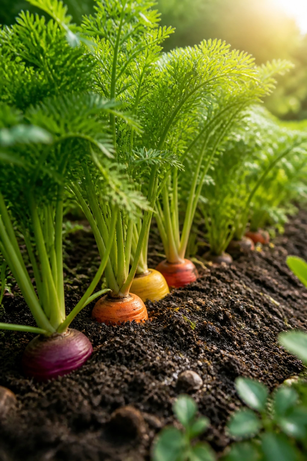 How To Grow Rainbow Carrots: Step-By-Step Guide 2 Close-up of rainbow carrot tops in a sunlit garden with soil visible