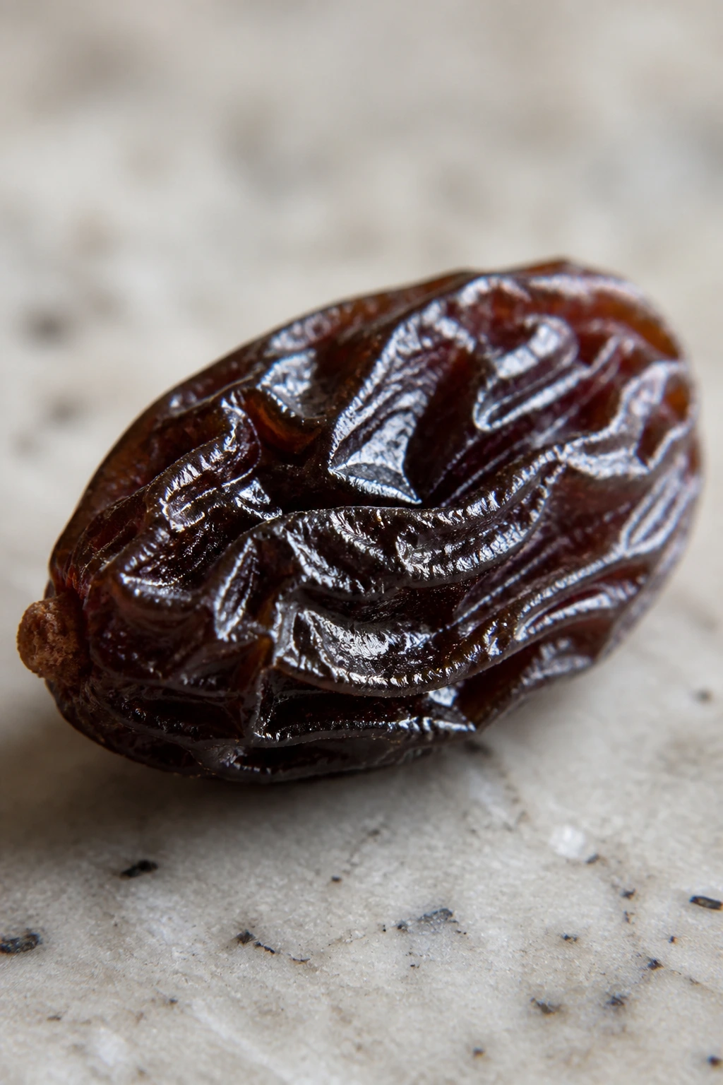 Close-up of a single raisin on a neutral kitchen counter